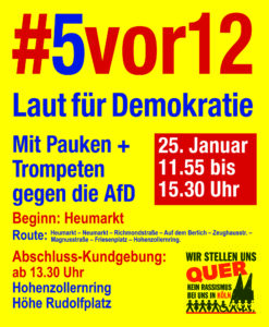Read more about the article #5vor12LautfürDemokratie am 25. Januar 2025 um 11:55 Uhr auf dem Heumarkt
